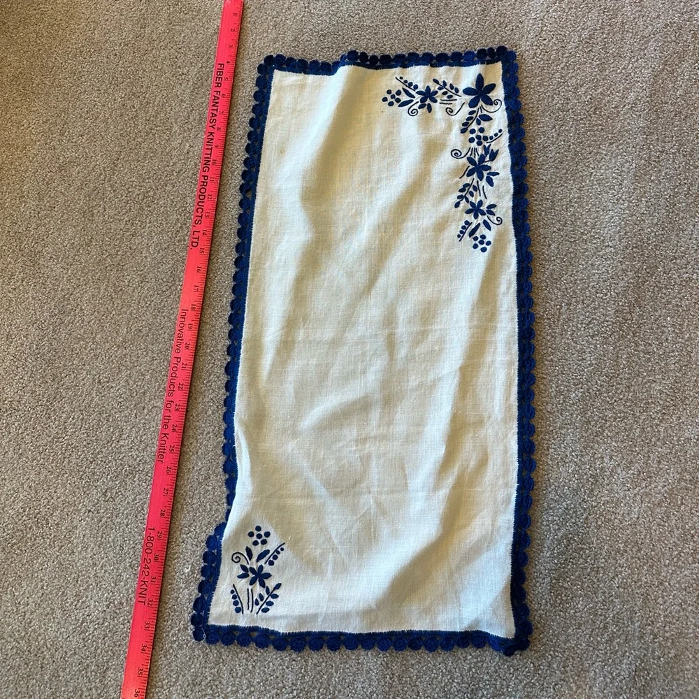 Handmade White Table Runner with Blue Embroidery